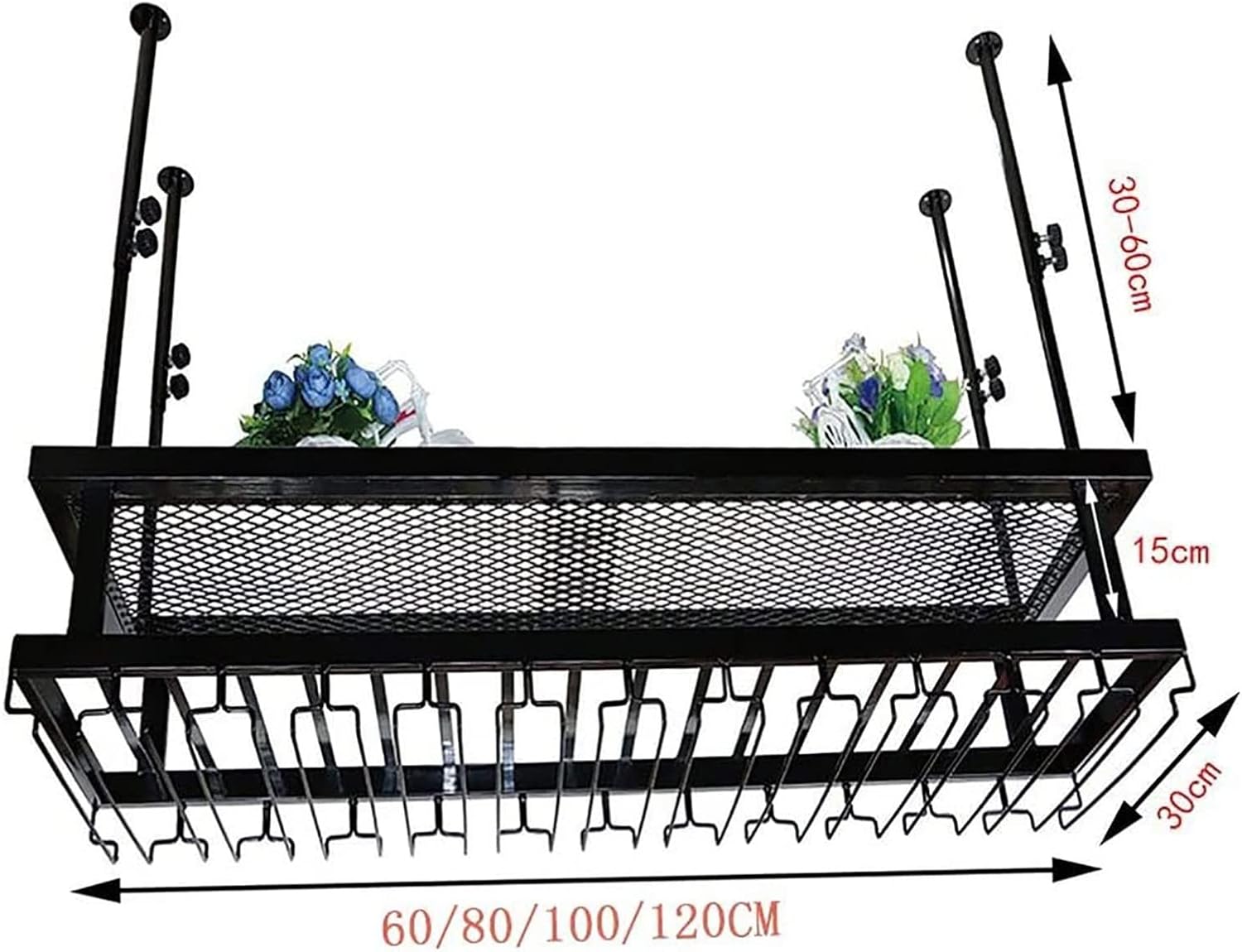 Industrial Metal Wine Rack - Adjustable Hanging Wine Shelf Rustic Vintage Style Ceiling-Mounted Bottle & Glass Holder Heavy-Duty Storage Solution for Wine Lovers