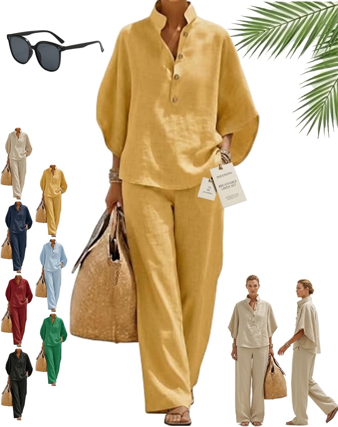 Women's Batwing Sleeve Linen Cotton Two-Piece Set Casual Button Down Shirt Wide Leg Pants Summer Lounge Travel Outfit