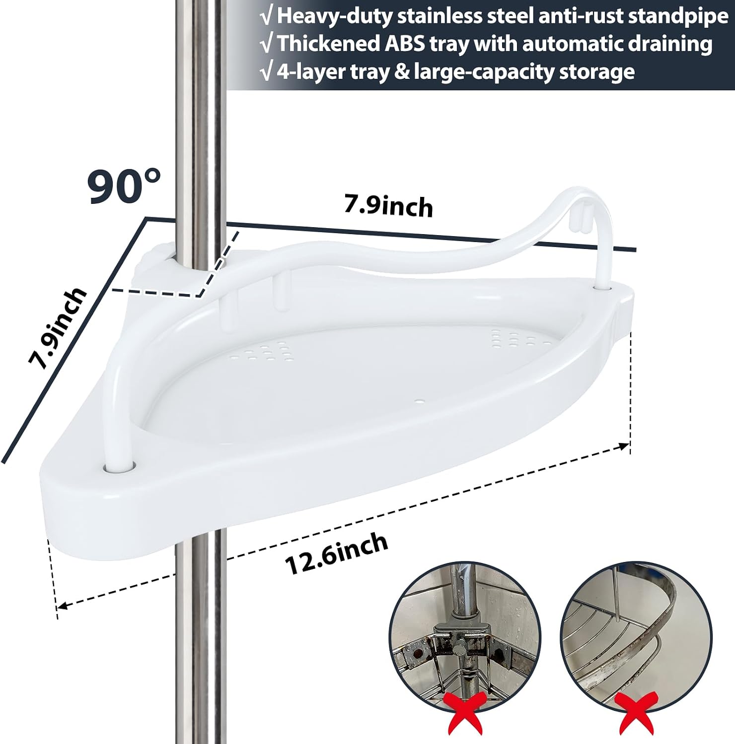 Corner Shower Caddy 4-Tier, 39-125" Adjustable Rustproof Tension Pole, No-Drill Large Bathroom Shelf Organizer for Shampoo, Soap & Accessories, White