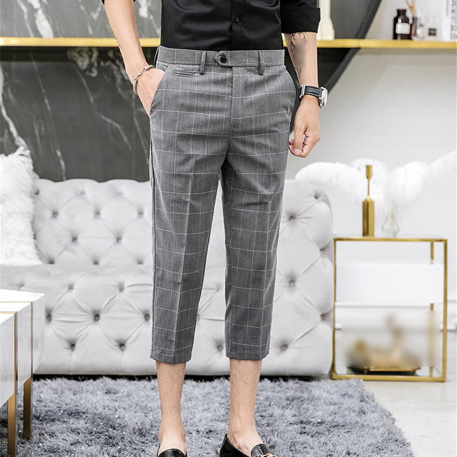 Men's Plaid Slim Capris Pants Casual Business Golf Dress Pants Fashion Stripe Slim Fit Stretch Pants
