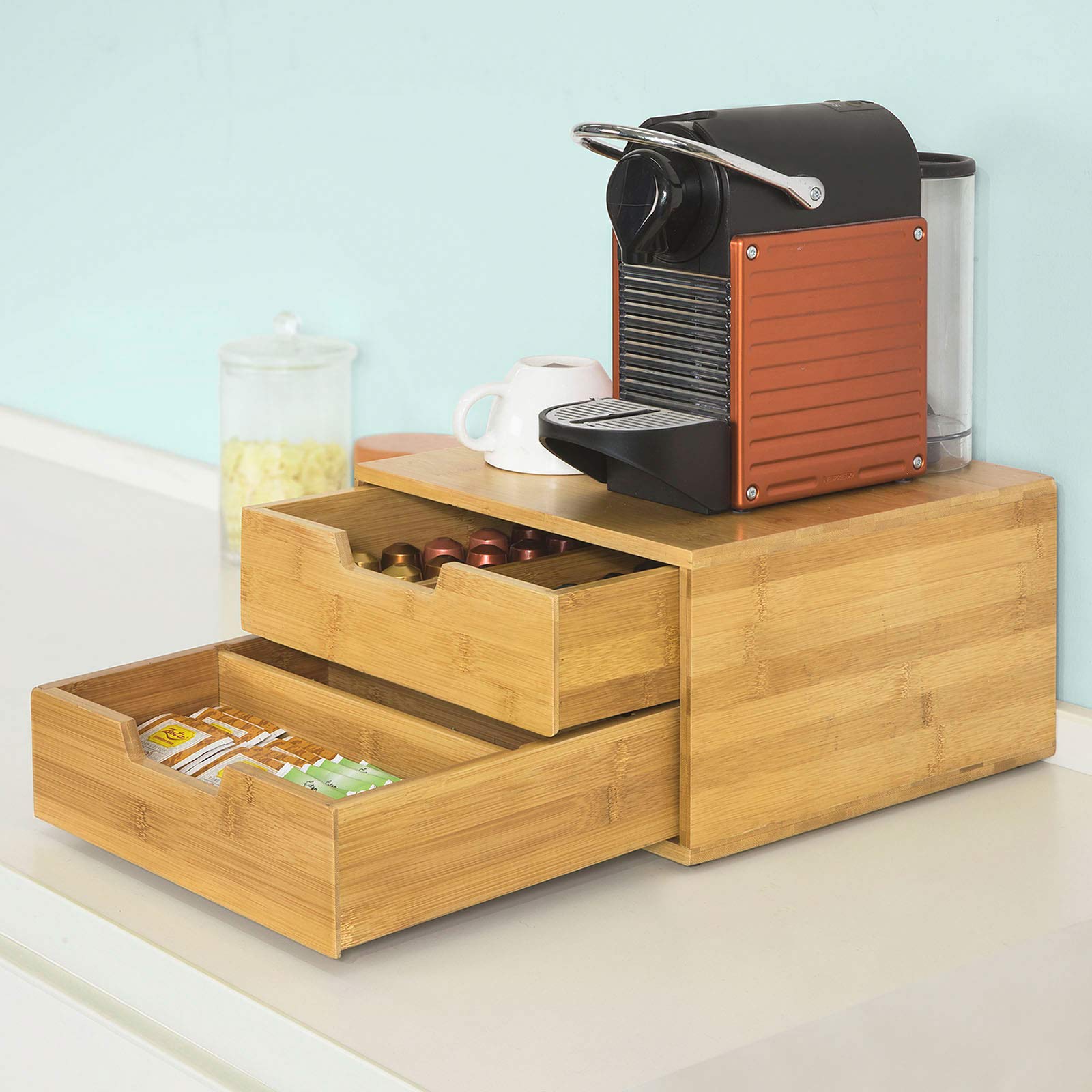 SoBuy Boîte à Thé en Bois avec Compartiments Boîte de Rangement Thé, Café, Capsules, Sucre, Épices Tiroir Coulissant Boîte à Thé avec Couvercle pour Cuisine ou Cadeau Style Naturel 31x18x30cm FRG82-N