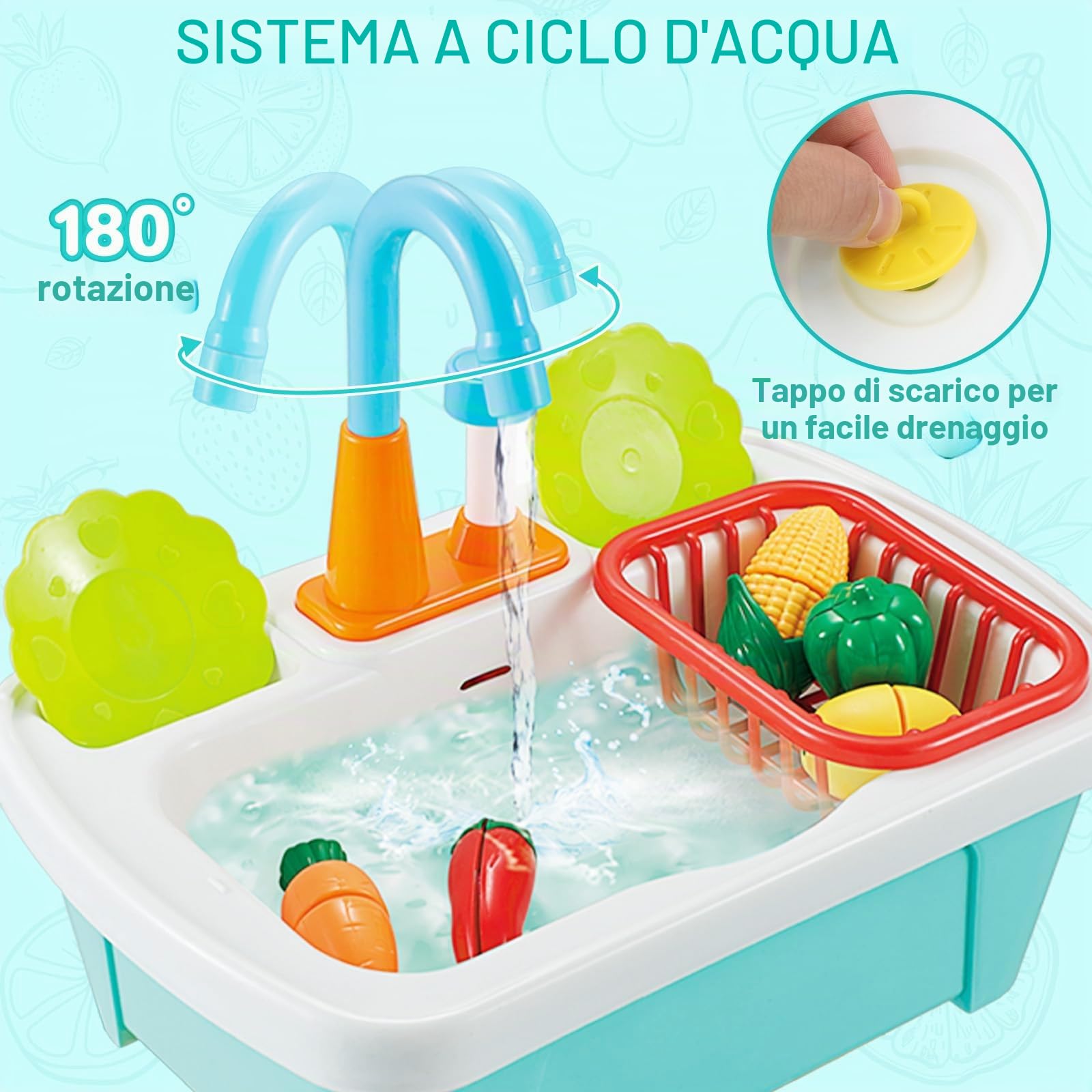 deAO Lavandino Giocattolo con Acqua Reale, Set Cucina Pentoline Giocattolo con Funzione Rubinetto Accessori Completati Per Bambini dai 3 Anni | 28 Pezzi
