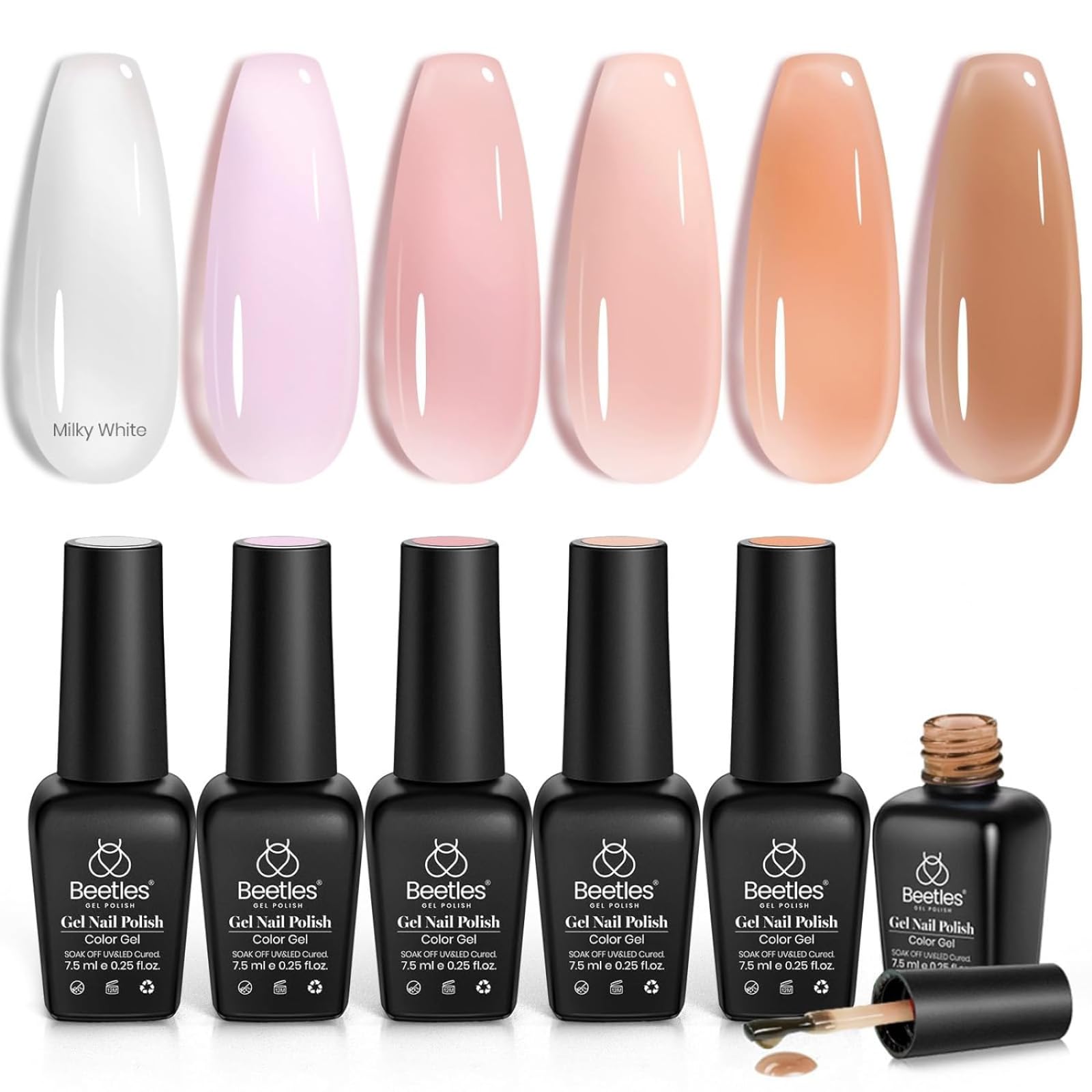 Beetles Jelly Gel Nail Polish Set, 6 Colors Milky White Nude Pink Brown Sheer Gel Polish Kit Nail Concealer Translucent Effect Soak Off Uv French Nail Art Gift for Women Ultimate Monochrome Collection
