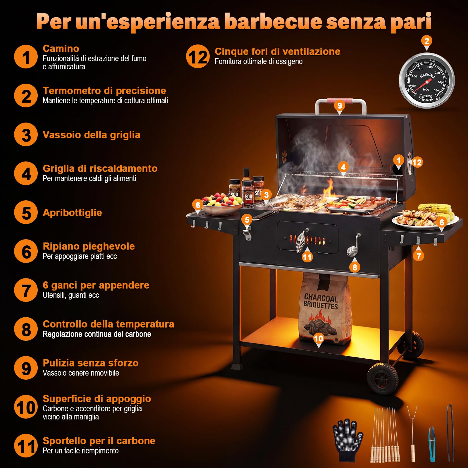 Devoko Barbecue Carbonella XXL, Grill a Carbone Portatile 71x43 cm con Termometro e Guanti