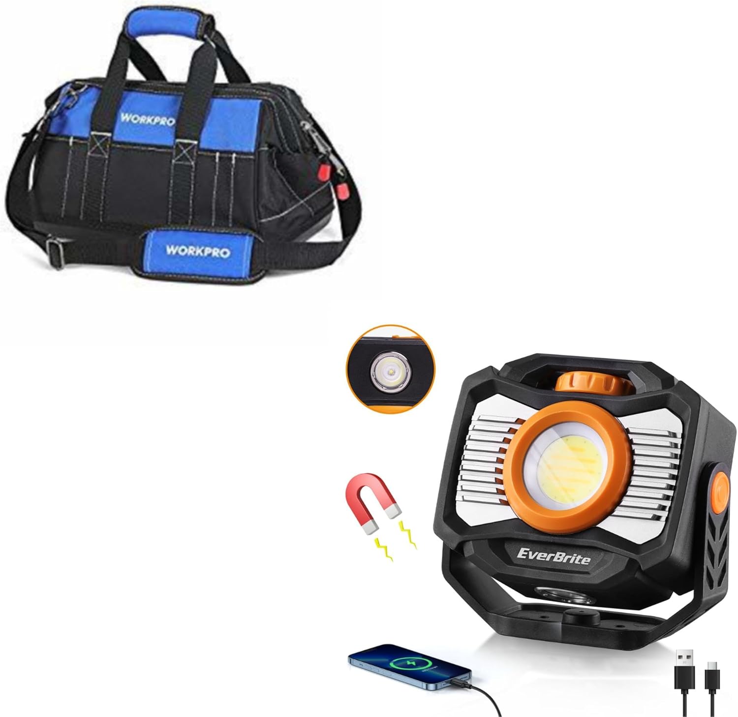 WORKPRO 16-inch Wide Mouth Tool Bag with Water Proof Molded Base & EverBrite 2000LM Magnetic Work Light Rechargeable LED