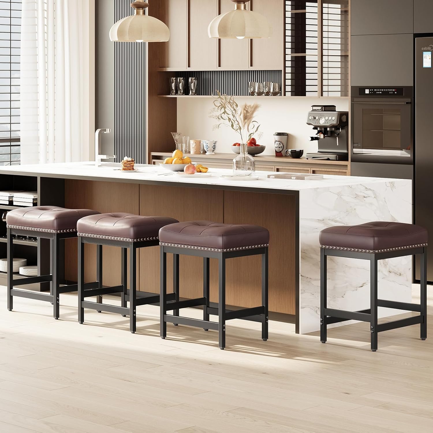 MALOL Set of 2 Saddle Bar Stools Counter Height 24.4”, Brown Backless Barstools for Kitchen Island, Modern PU Leather Cushioned Seat, Bar Chairs for Kitchen Counter, Breakfast Bar Stools for Home