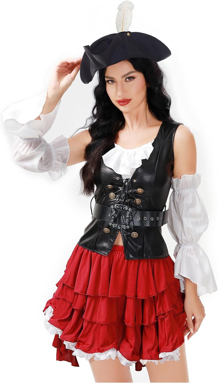 Funna Pirate Costume Women Adult Outfit 5 Piece with Hat Pirate Skirt Belt - Image 3