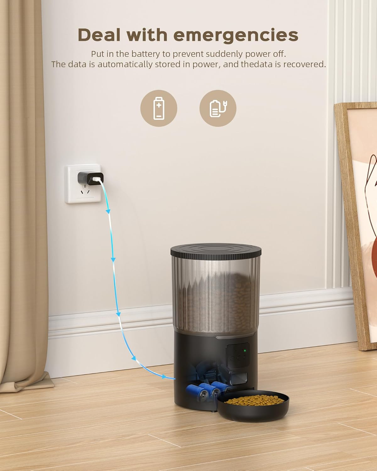 UIOOQ P1-6L Automatic Pet Feeder connected to power with batteries inserted for backup.