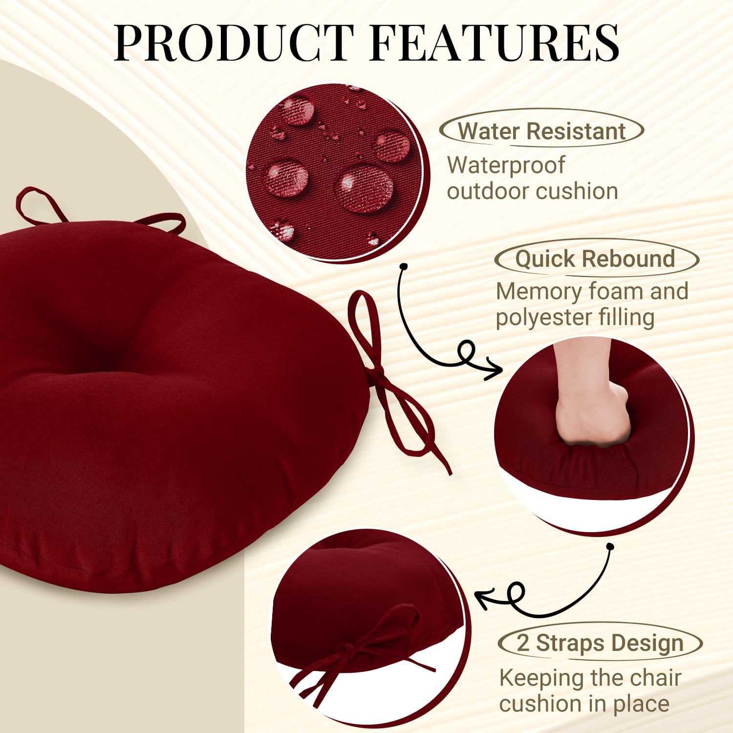 downluxe Bistro Chair Cushions for Patio Furniture, Water-Resistant Round Outdoor Chair Cushions Set of 2 with Non-Slip Ties, 15" x 15", Burgundy