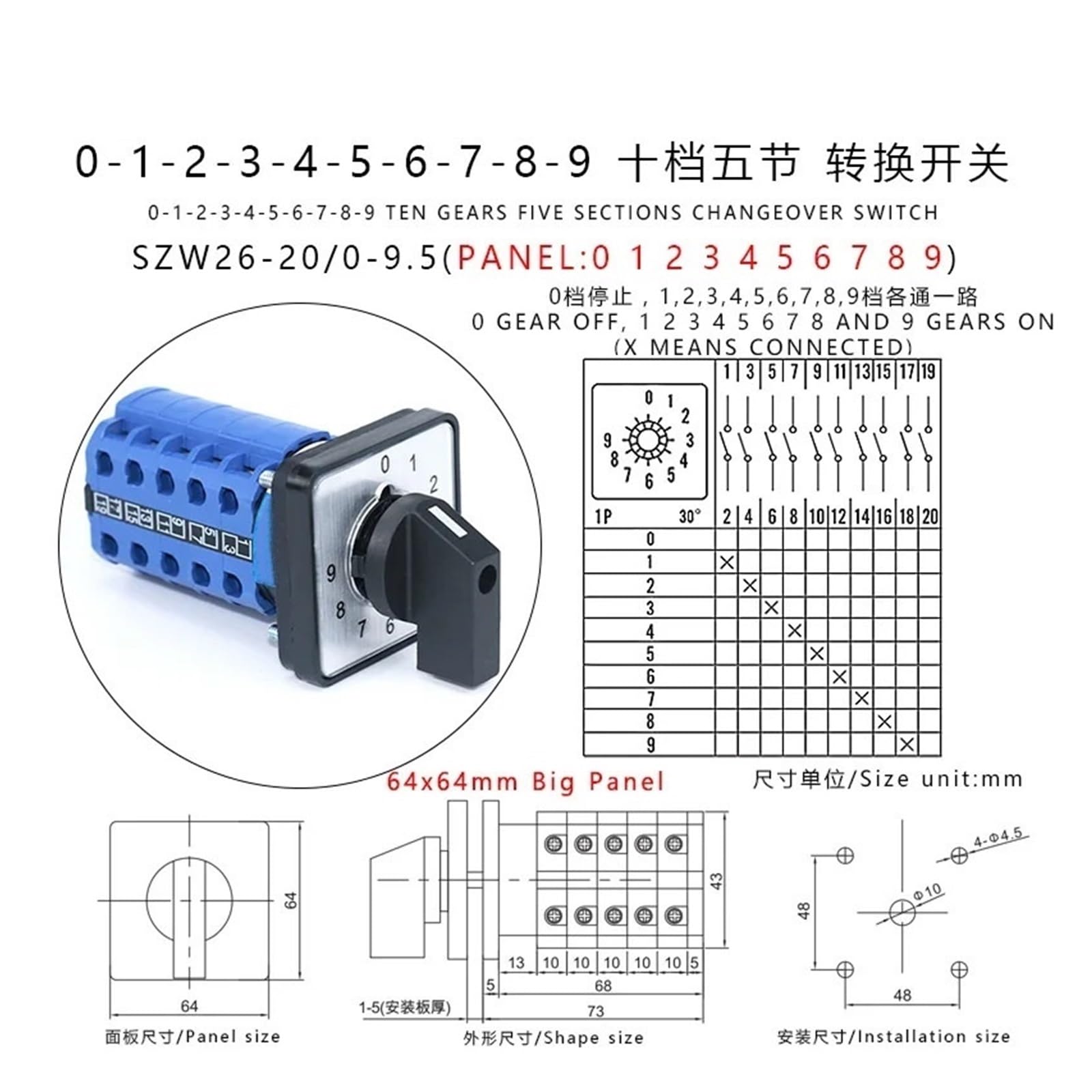 SZW26/LW26-20 0-9 10 Posizioni 5 Fasi 20A 660V Controllo rotativo Universale Commutatore a camma 64X64 48X48 mm Montaggio a Pannello(0-9.5 64X64mm)