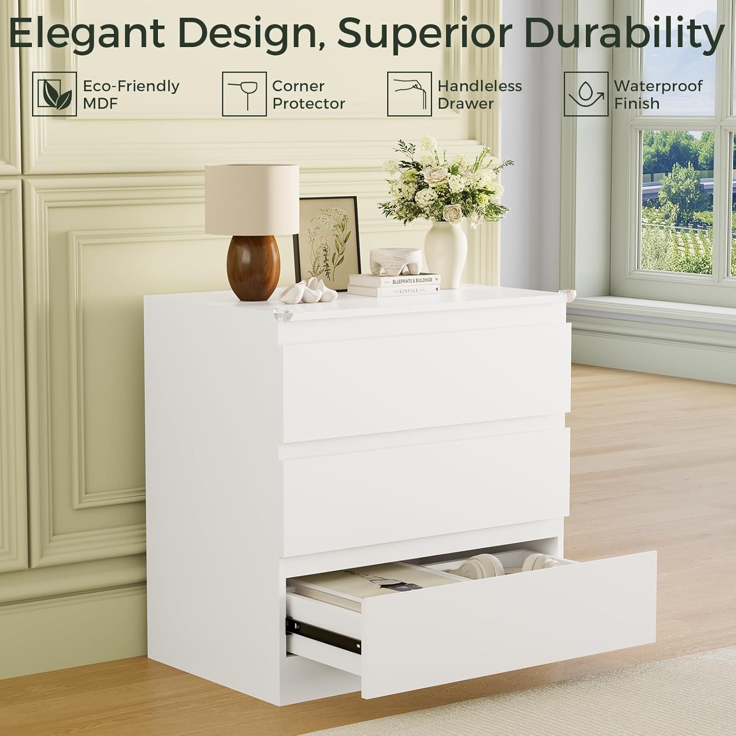 White 3 Drawer Dresser for Bedroom, Wood Dresser with Wide Drawers, Modern Dressers for Clothes Storage, Wood Chest Drawers for Entryway|TV Stand|Living Room