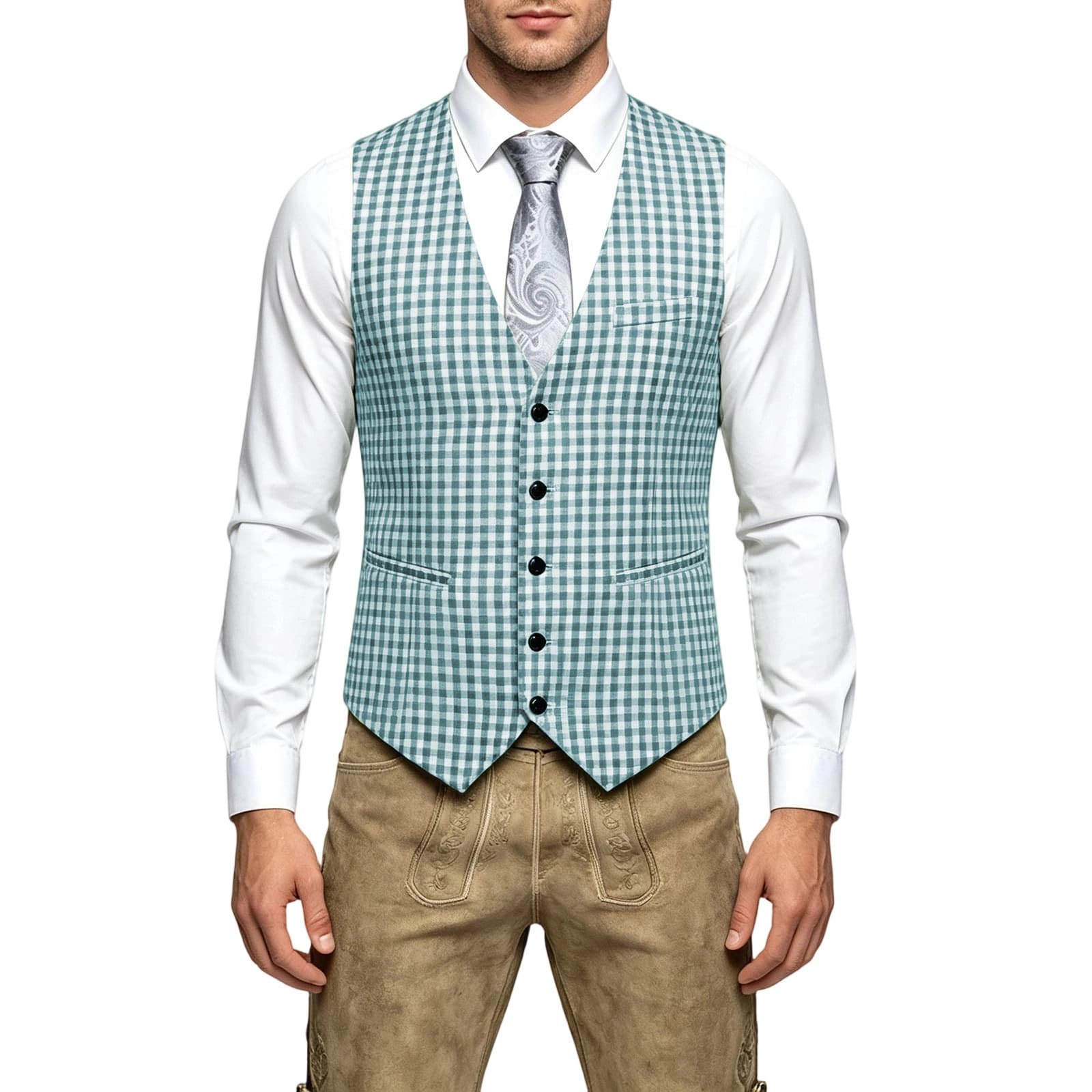 Gilet da uomo a quadretti, con scollo a V, per Oktoberfest | Tessuto twill leggero con classico motivo a quadri, versatile da abbinare con camicie, per Oktoberfest, matrimoni e feste