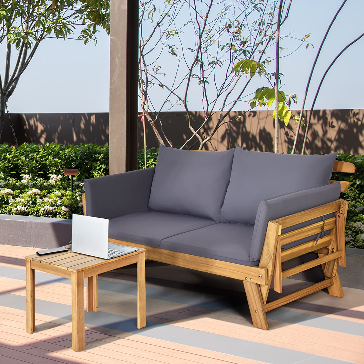 COSTWAY Gartenbank mit Liegefunktion, Gartensofa mit Auflagen und klappbaren Armlehne, Balkonbank aus Akazienholz, Balkonsofa, Gartencouch für Garten, Terrasse, Balkon, 198 x 75 x 75 cm (Grau)
