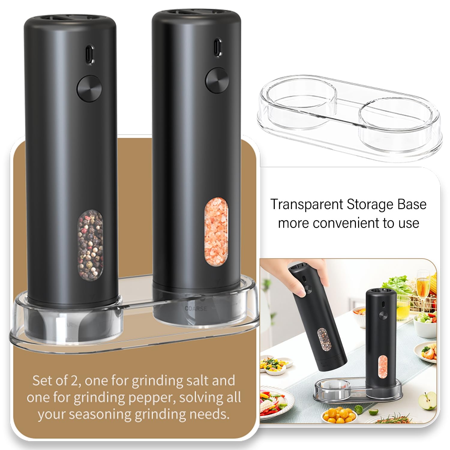 Macina Sale e Pepe Elettrico Set, Macina Spezie e Sale Grosso Elettrico con Base, Macinapepe Grinder in Ceramica Rugosità Regolabile, Set Trita Spezie Automatici Ricaricabile USB per Cucina e Tavola