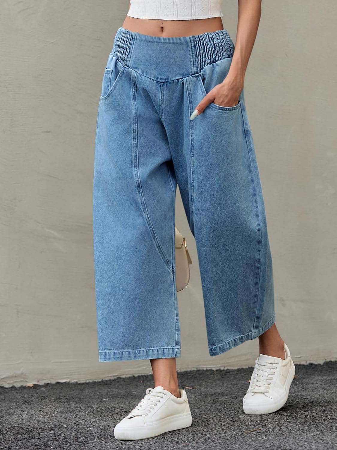 Cicy Bell Womens Wide Leg Cropped Jeans Baggy Boyfriend Smocked Mid Rise Harem Denim Pants - Image 2