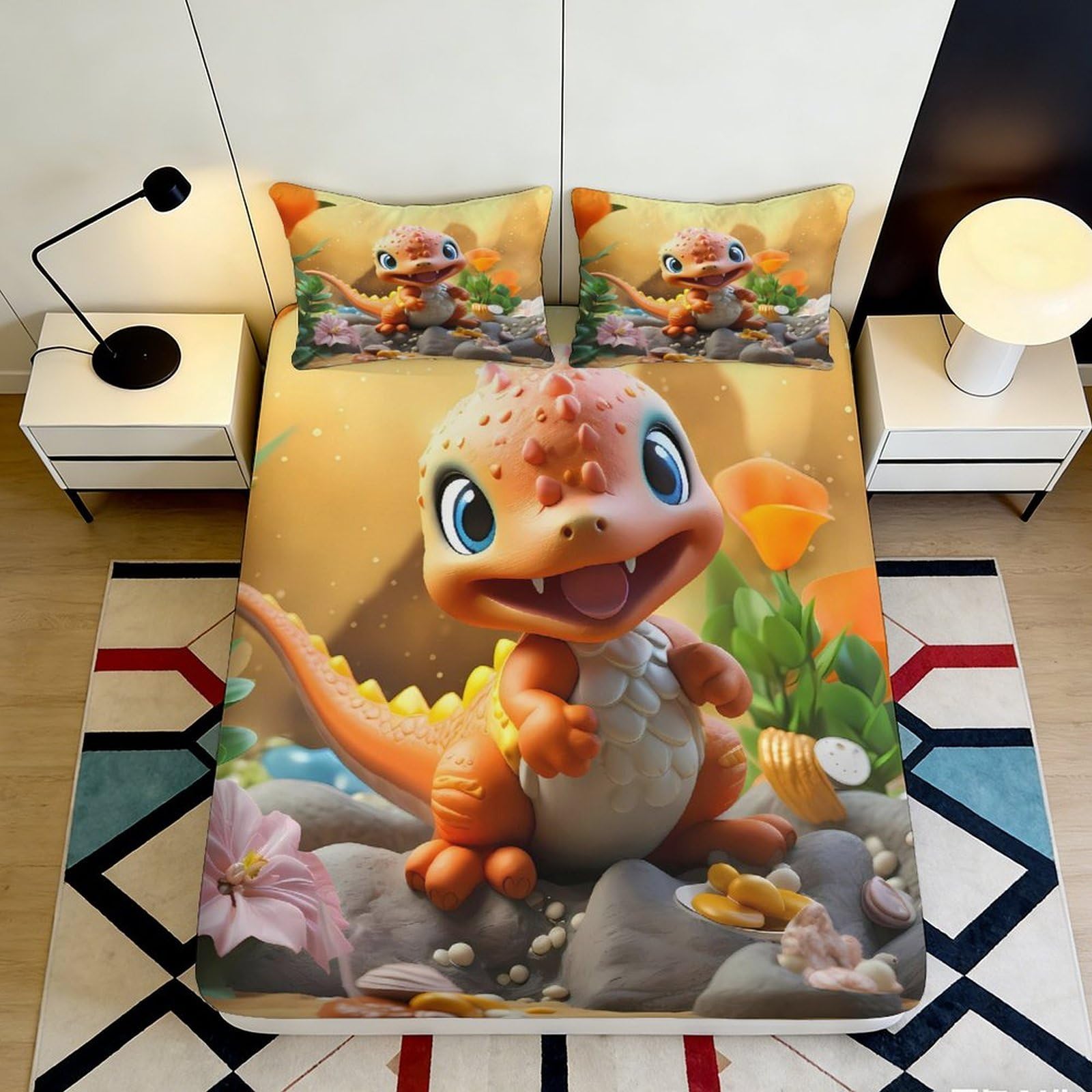 3D Printed Cartoon Dinosaur Fitted Sheet Microfiber Deep Pocket Elastic Hem Mattress Fitted Cover Non-Slip Washable for Bedroom Bedding 120x200x25cm
