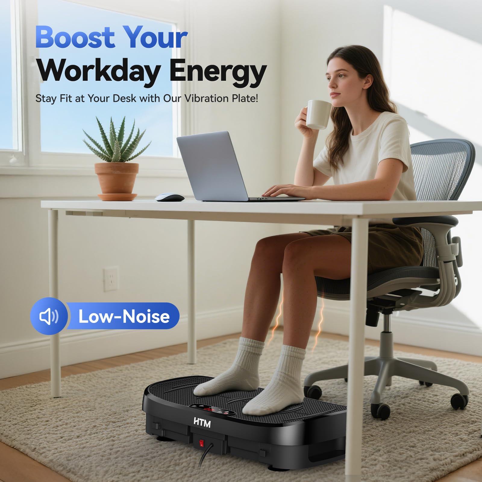 HTM Vibrationsplatte Fitnessgerät Gebogene, Ganzkörper Rüttelplatte Mit 150W Motor, Widerstandsbändern, Belastbar Bis 330 Pfund, 120 Geschwindigkeitsstufen, Leiser Vibrationsplate mit Fernbedienung