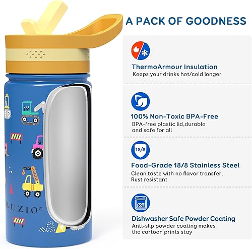 Miniatura 8 de BUZIO Botella de agua para niños de 14 onzas con tapa con popote, botellas térmicas de metal de acero inoxidable aisladas al vacío para niños y