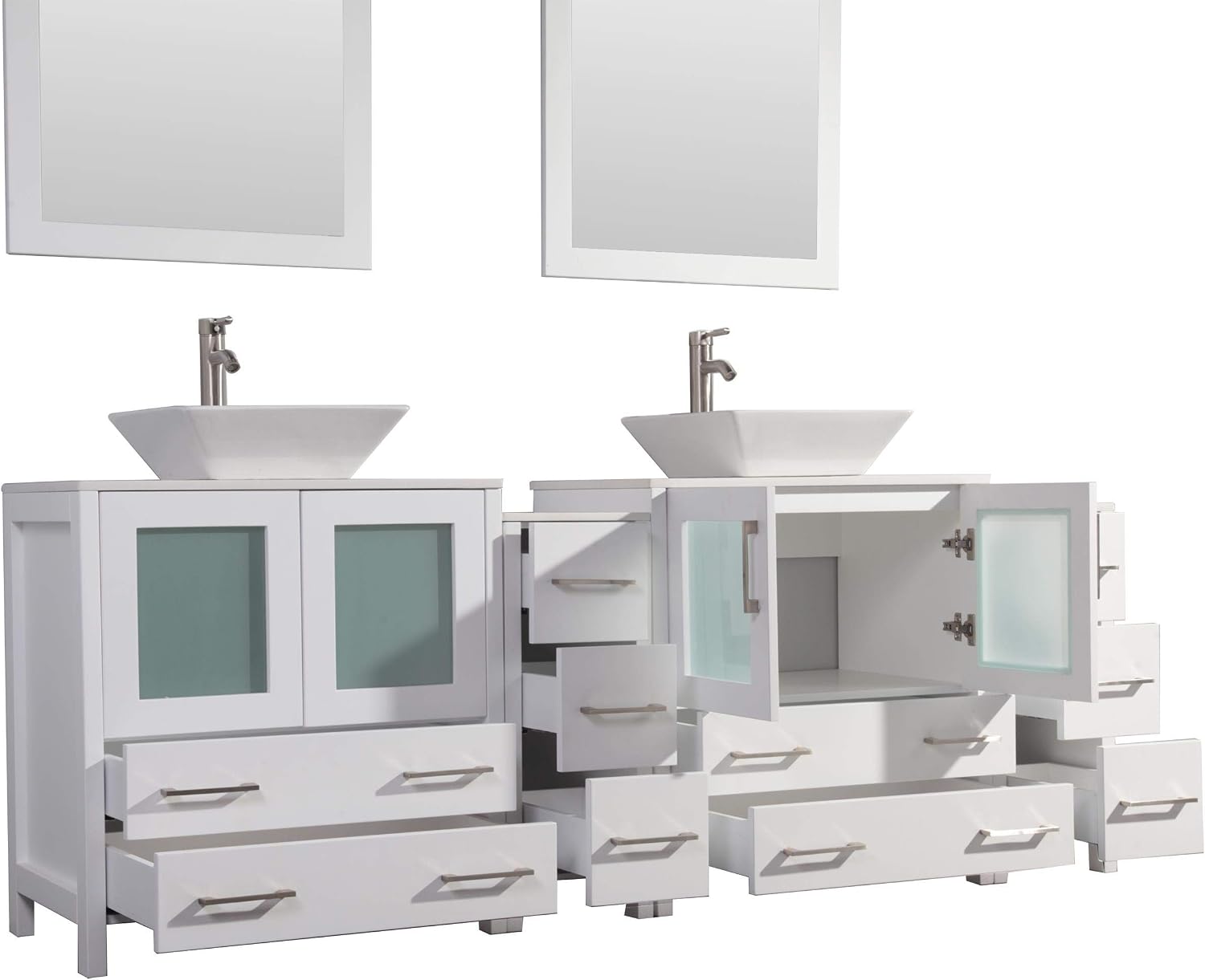 Vanity Art 84 Inch Vessel Double Sink Bathroom Vanity Cabinet with 2 Mirrors, Engineered Marble Top Bathroom Cabinet Compact Set with 10 Dovetail Drawers and Soft Closing Doors, VA3130-84-W