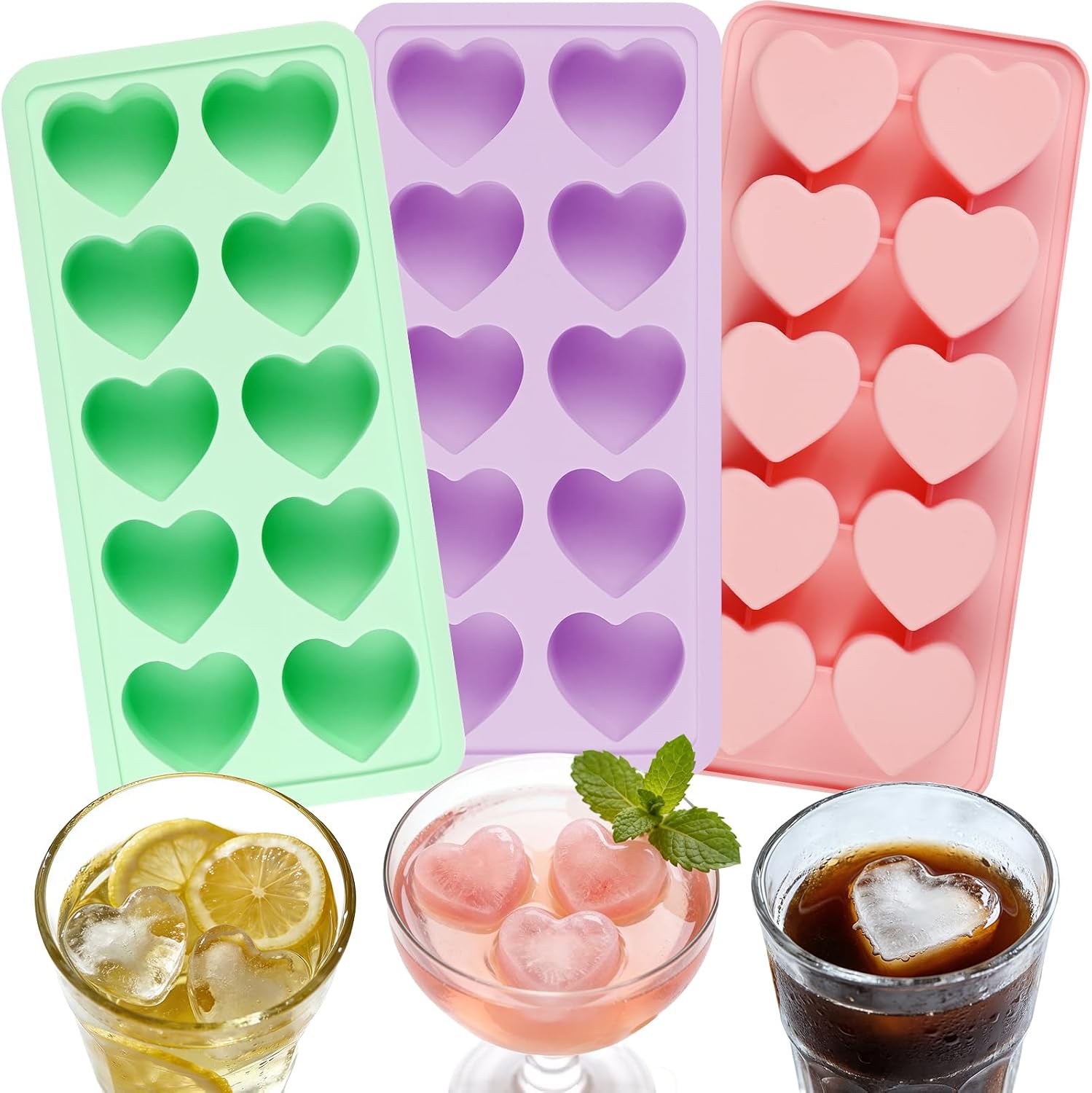 Heart Ice Cube Molds, 3Pack Deep Thick Silicone Heart Ice Cube Trays