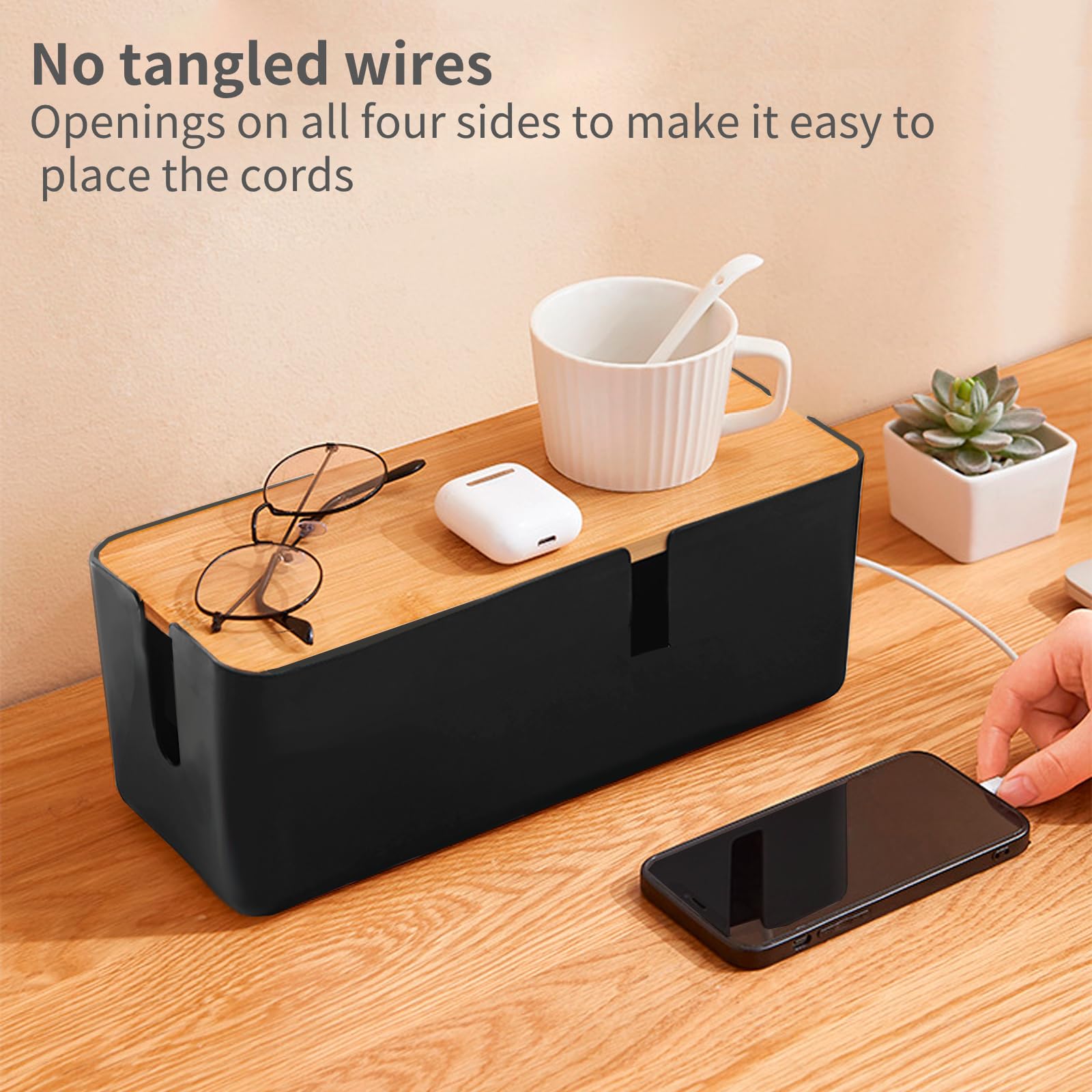 JJQHYC Cable Tidy Box Large Cable Box with Bamboo Lid Cable Management Box Black Cable Organiser for Hiding Cables and Plugs - Image 2