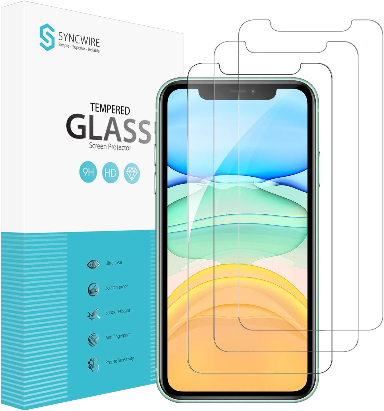 SYNCWIRE [3-Pack Screen Protector for iPhone 11/ iPhone XR 6.1'', Tempered Glass with Easy Installation Frame [99.99% HD Clear, 9H Hardness, Bubble Free, Anti-Scratch, Anti-Fingerprint, 6X Stronger]