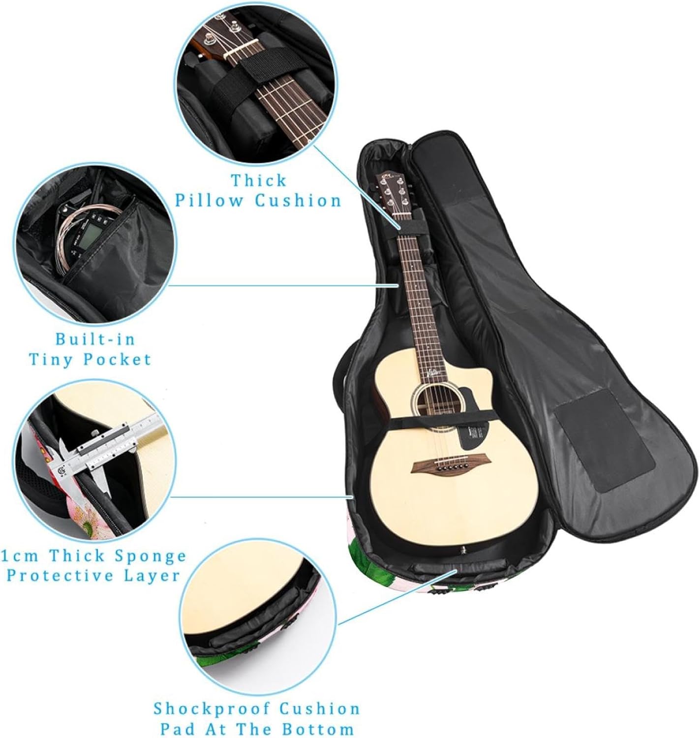 Acoustic Guitar Gig Bag 1 cm Thick Padding, Waterproof Electric Guitar Bag 40-42 Inch Guitar Case Backpack with Dual Shoulder Strap, Cute Strawberries Red Fruit Flowers Plant