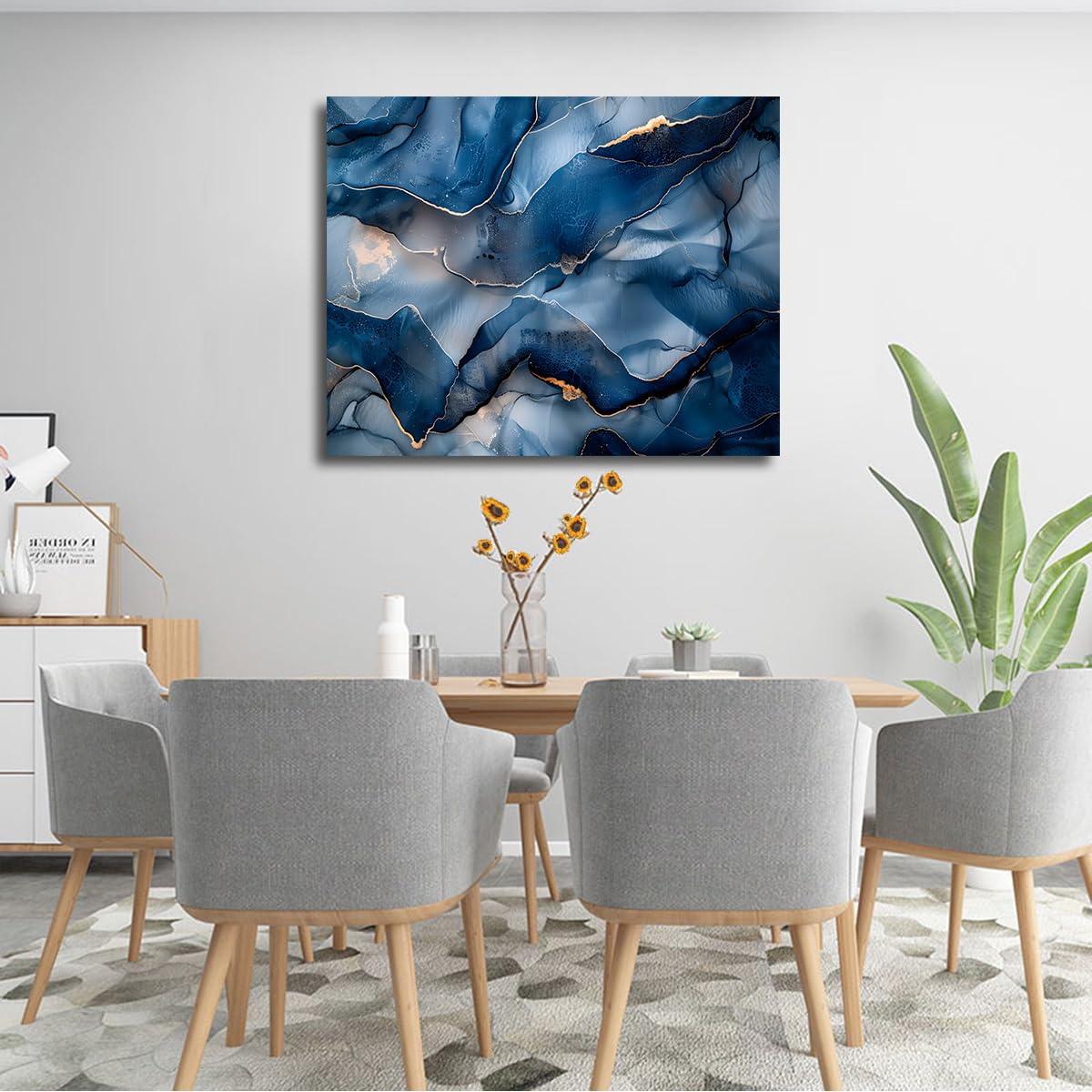 Póster Lienzo Abstracto Azul Oro Mármol Fluido 80x100cm