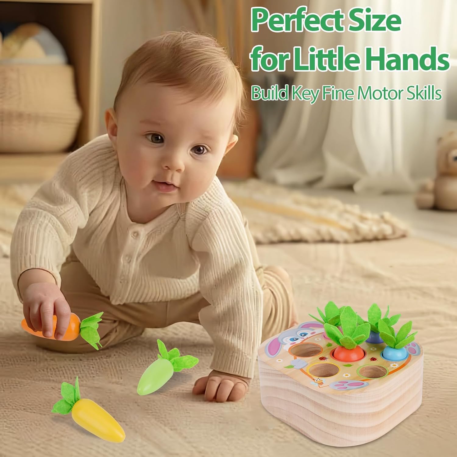 KMTJT Montessori Toys for 1 2 3 Year Old Toddlers, Rabbit Carrot Harvest Game Wooden Toys for 6-12 Months Baby Boys and Girls, Shape Sorting Matching 1st Birthday Easter Gifts for Babies 1-3 (Macron)