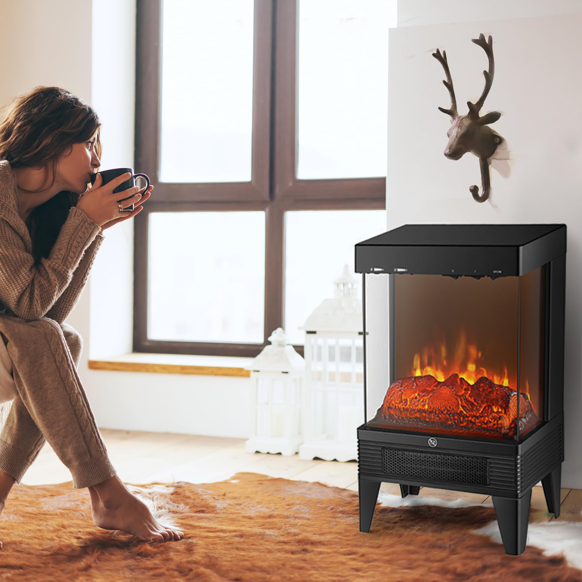 Zephir, Caminetto elettrico,2 livelli di potenza 1000/2000W, Protezione anti surriscaldamento, Termostato regolabile, Effetto fiamma accesa indipendente, Timer 12h, Telecomando