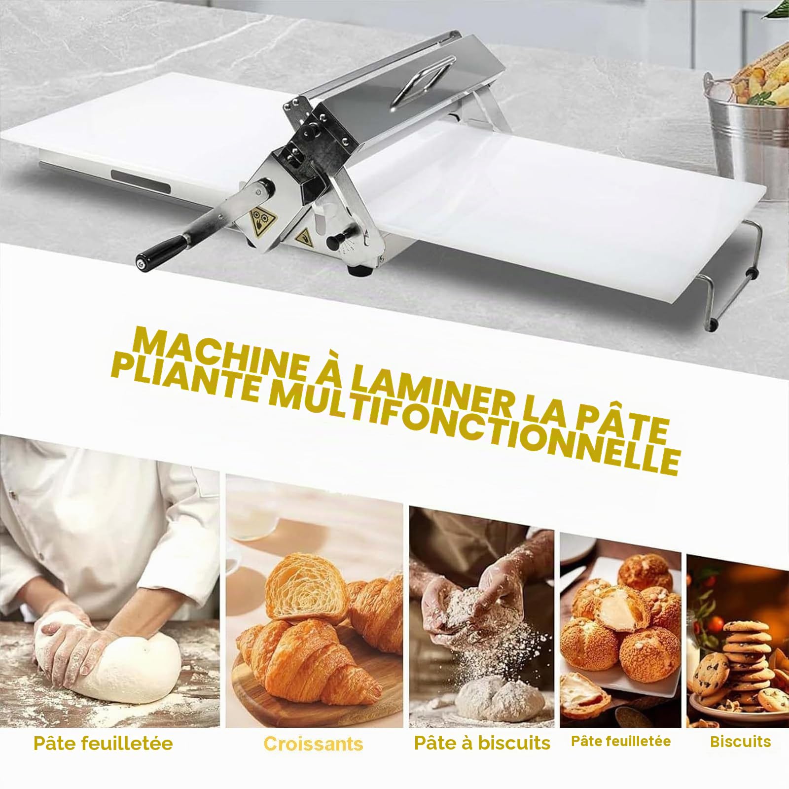 Laminoir à pâte Professionnel, laminoir à pâtisserie, épaisseur réglable, laminoir de comptoir Pliable en Acier Inoxydable, pour Croissants, Boulangerie et fondants B