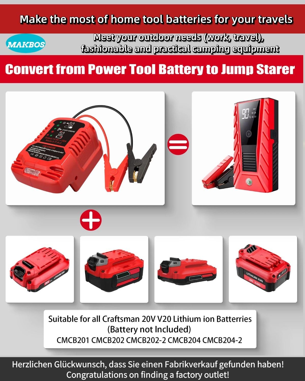 Adaptador de arranque de coche para batería Craftsman de 20 V, motores de gasolina de hasta 3.5 L o diésel de 6.5 L, batería portátil de arranque de coche de 12 V, cables de arranque de batería para