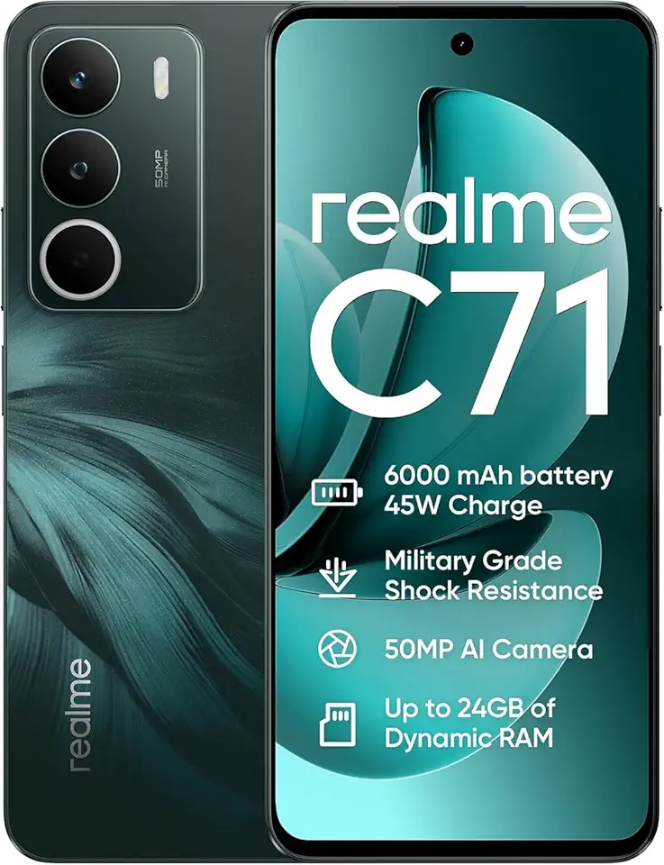 realme C71 Smartphone 8+256GB, Batería 6000mAH, Carga Rápida 45W, Cámara 50MP AI, Chipset Octa-Core, Pantalla 6.67'' 120Hz Eye Comfort, IP54 (Sin Cargador) - Verde