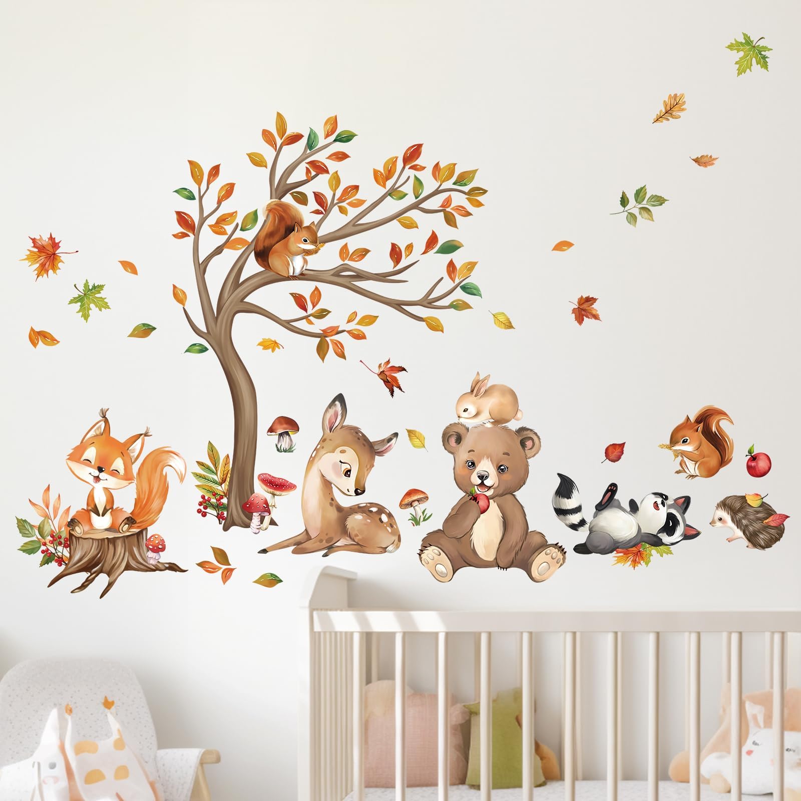 decalmileWall Sticker Forest Animals Tree Leaves Bear Deer Fox Squirrel Wall Sticker Baby Room Nursery Bedroom Wall Decoration