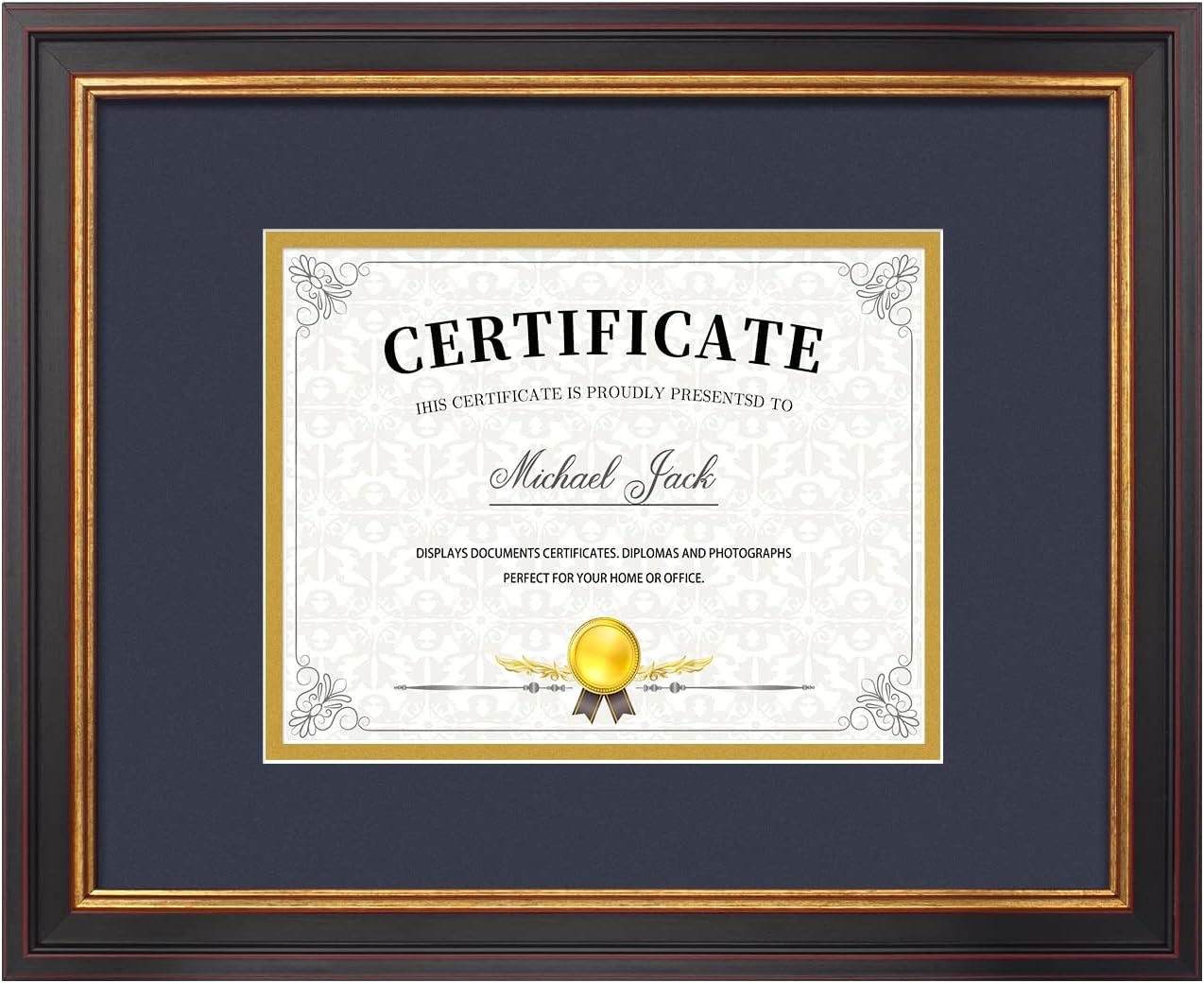 Frametory, 7x9 Diploma Frame with (Navy Blue/Gold) Double Mat or 11x14 Without Mat, Black Gold & Burgundy, Sawtooth Hangers, Wall Display for Pictures/Certificates/Documents, Real Glass