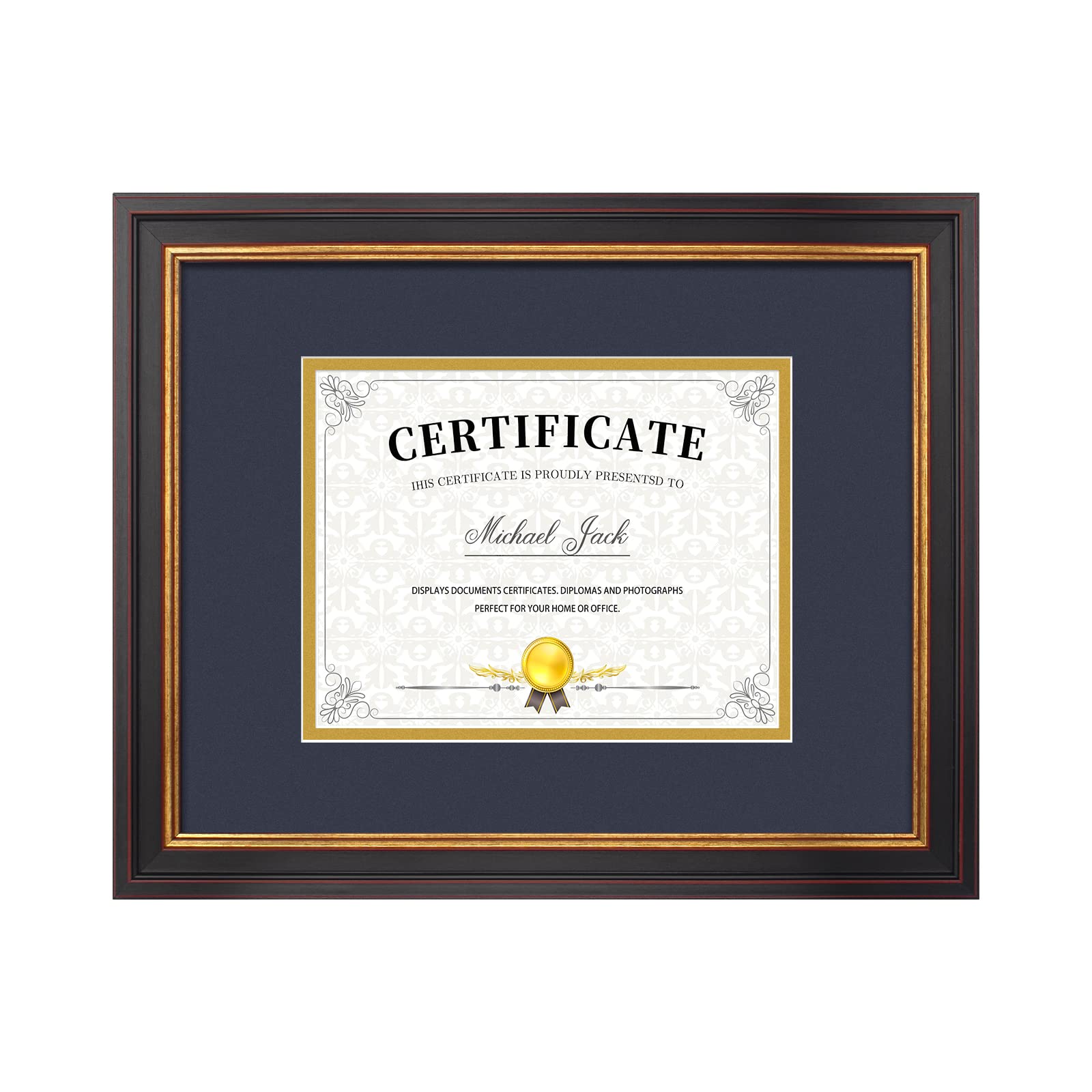 Frametory, 7x9 Diploma Frame with (Navy Blue/Gold) Double Mat or 11x14 Without Mat, Black Gold & Burgundy, Sawtooth Hangers, Wall Display for Pictures/Certificates/Documents, Real Glass
