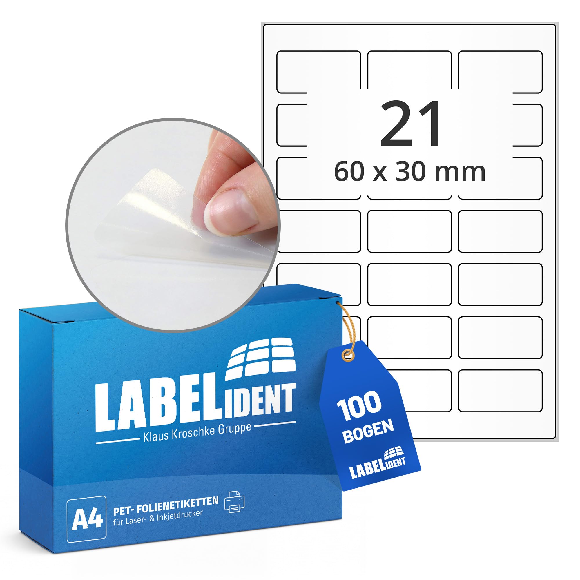 Labelident Wetterfeste Folienetiketten auf A4 Bogen, transparent - 60 x 30 mm - 2.100 Polyester Etiketten auf 100 Bogen, selbstklebende PET Aufkleber, matt