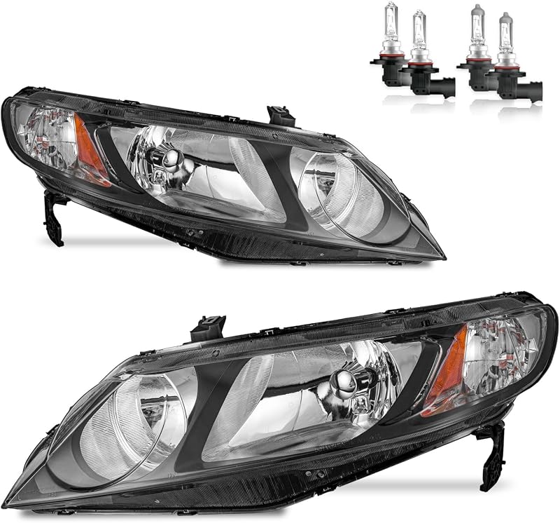 Par de faróis dianteiros KarSpareHub para Honda Civic Sedan 2006 a 2011 – com lâmpadas HB3 e HB4