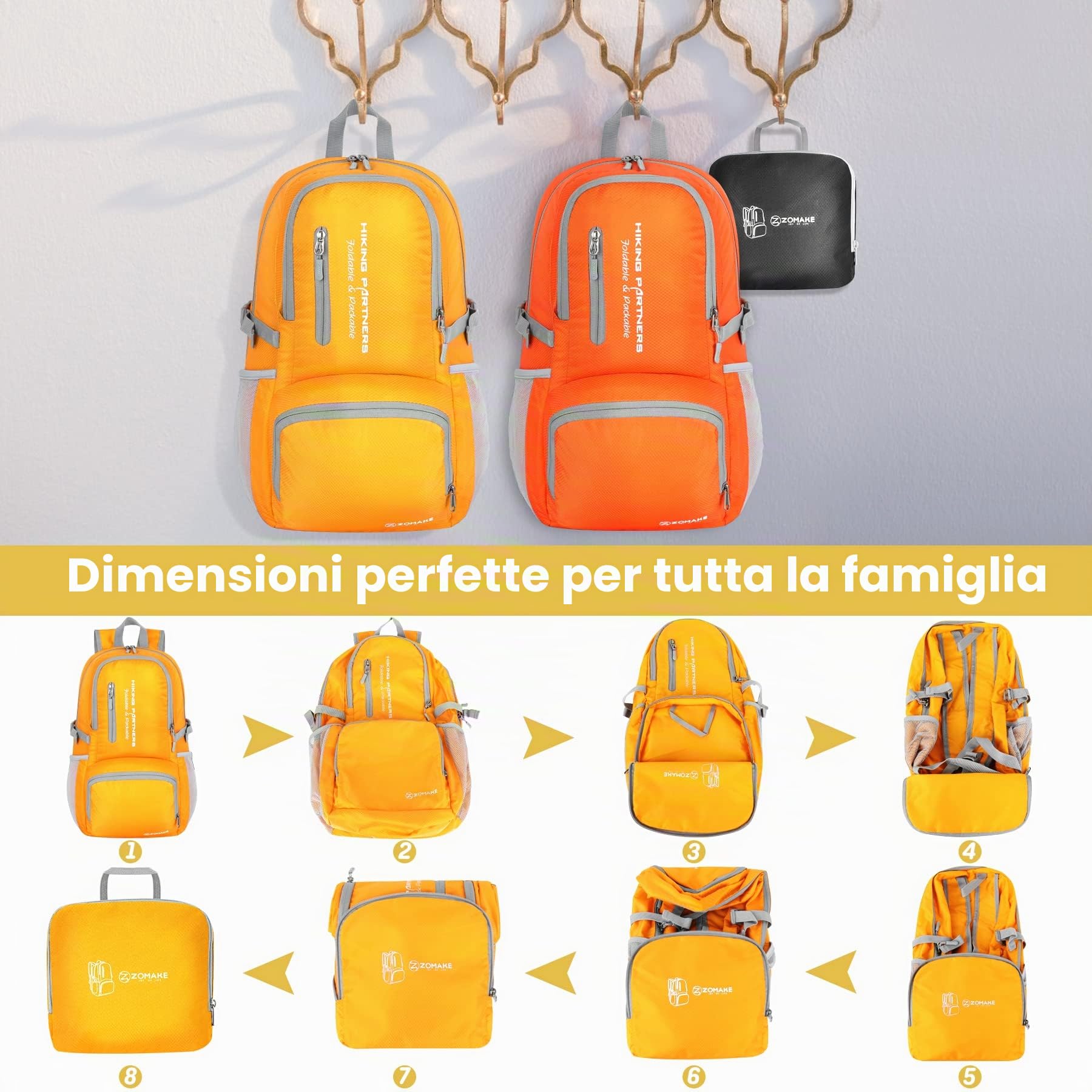 ZOMAKE Zaino Pieghevole Ultraleggero, Zainetto Leggero Ripiegabile da Viaggio 35L, Backpack Richiudibile Salvaspazio Tascabile Trekking Piccolo per Uomo Donna (Giallo)