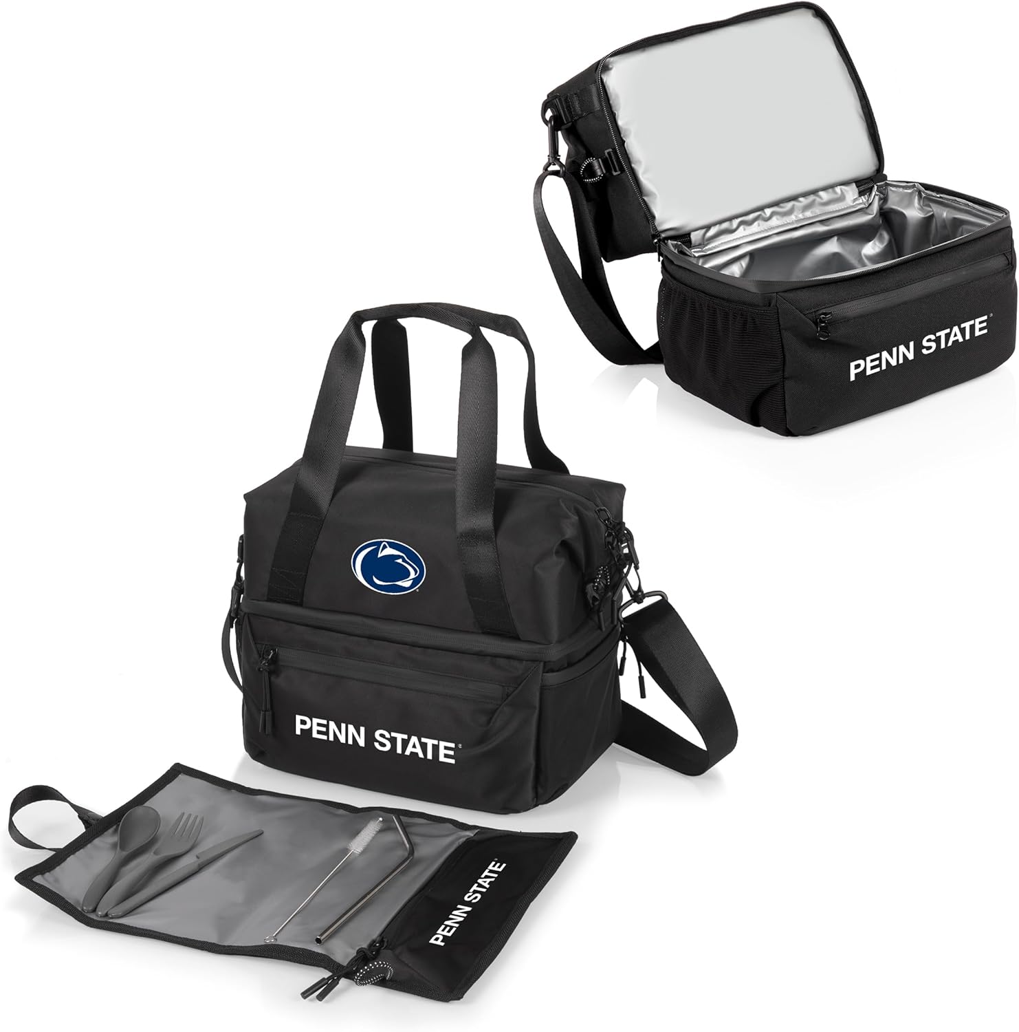 PICNIC TIME NCAA Oklahoma Sooners Tarana Lunch Bag Cooler with Utensils Made from Recycled Material, Lunch Box with Picnic Set, Upcycled Lunch Cooler Bag, (Carbon Black)