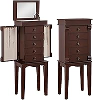 BOUQUETYZ Standing Jewelry Armoire with 5 Drawers, Flip Mirror, 10 Necklace Hooks & Side Doors - Walnut Wood Organizer