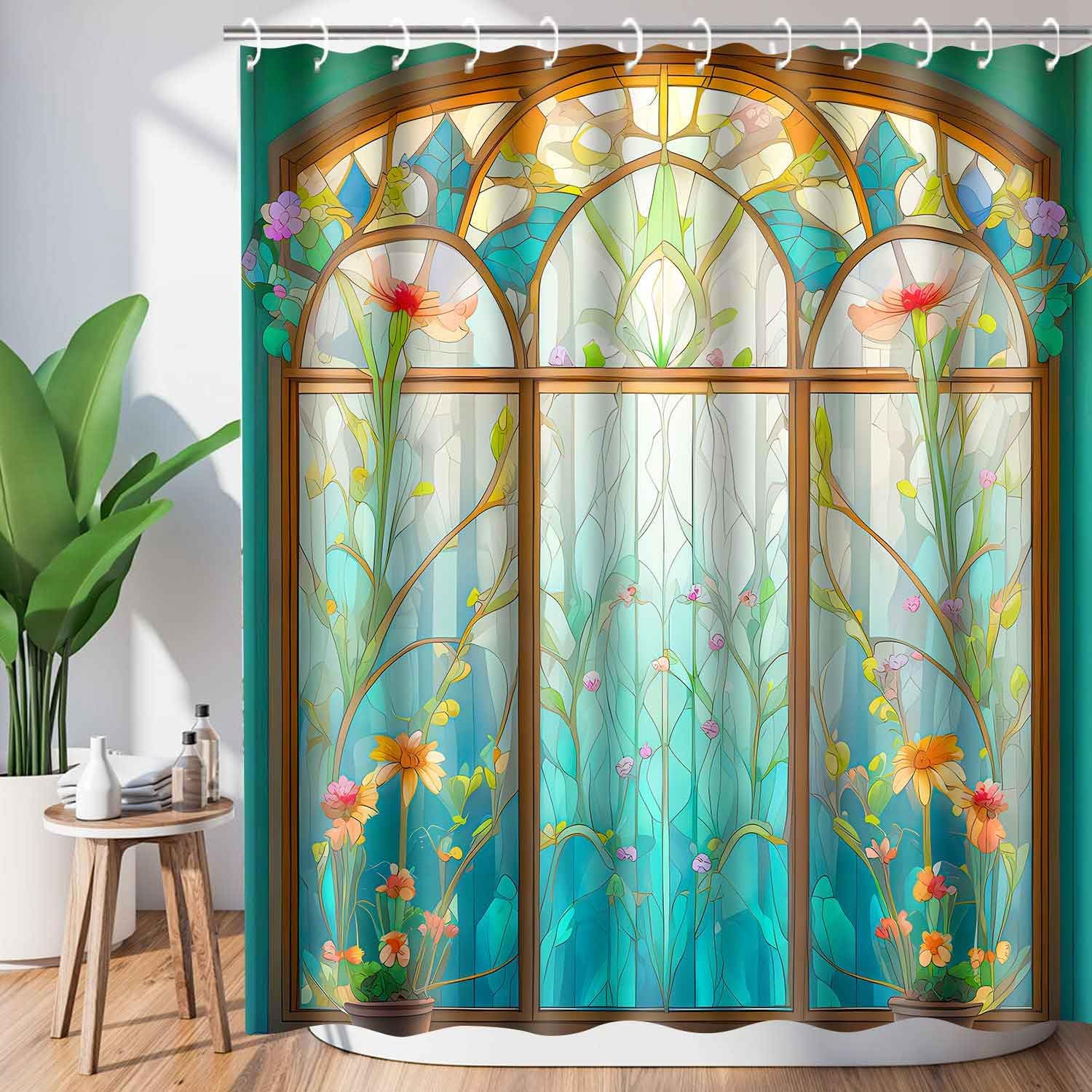 Boho Plant Floral Shower Curtain Church Style Stained Glass Bathroom Curtains 72x84inch Fabric Washable Bathroom Decor with 12 Hooks