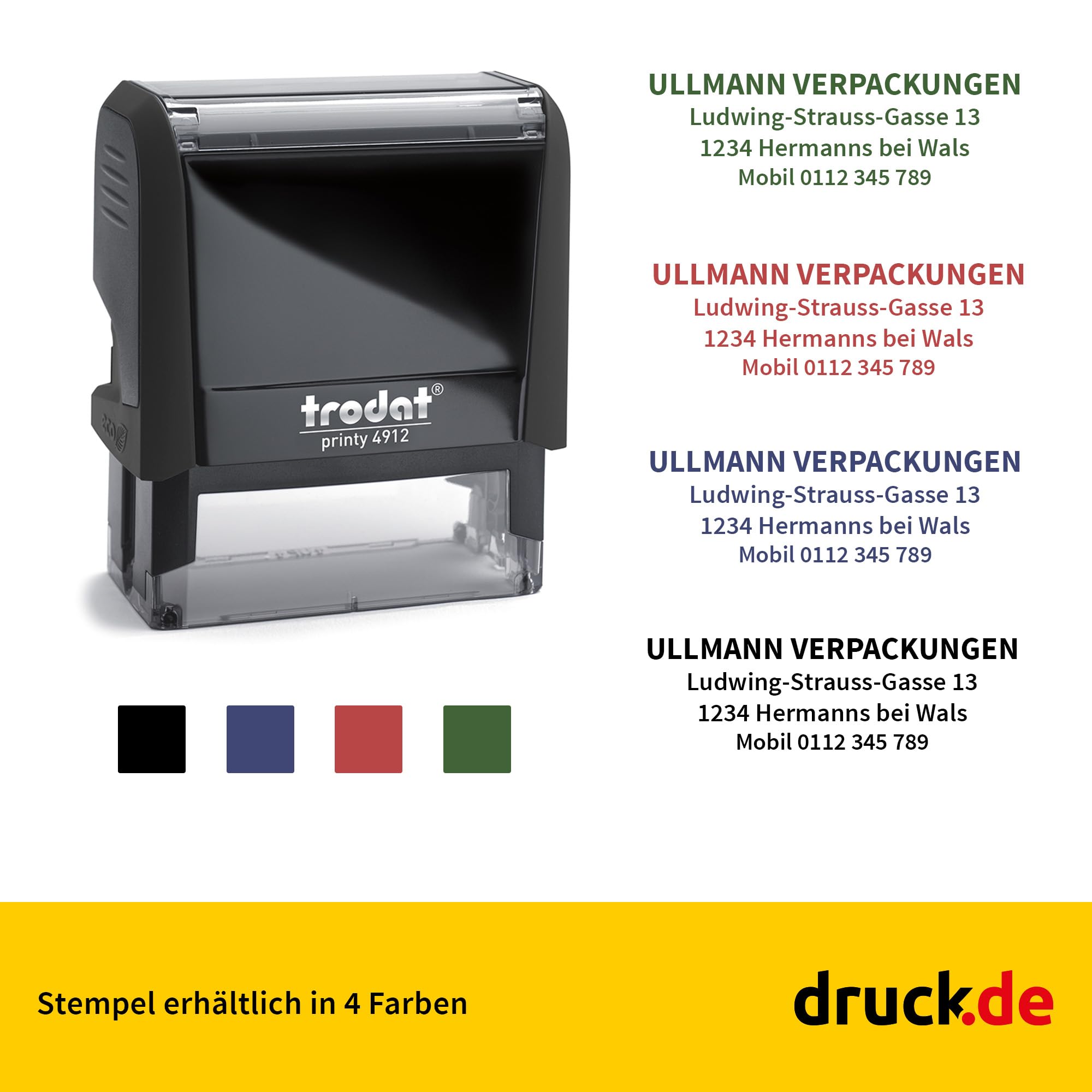 Trodat Printy 4912 Firmenstempel 47x18mm - Gehäuse Schwarz - Adressstempel | Trodat Printy 4912 Firmenstempel, 47x18mm, personalisierbar mit Text und Logo, Gehäuse Schwarz, Adressstempel, Firmenstempel