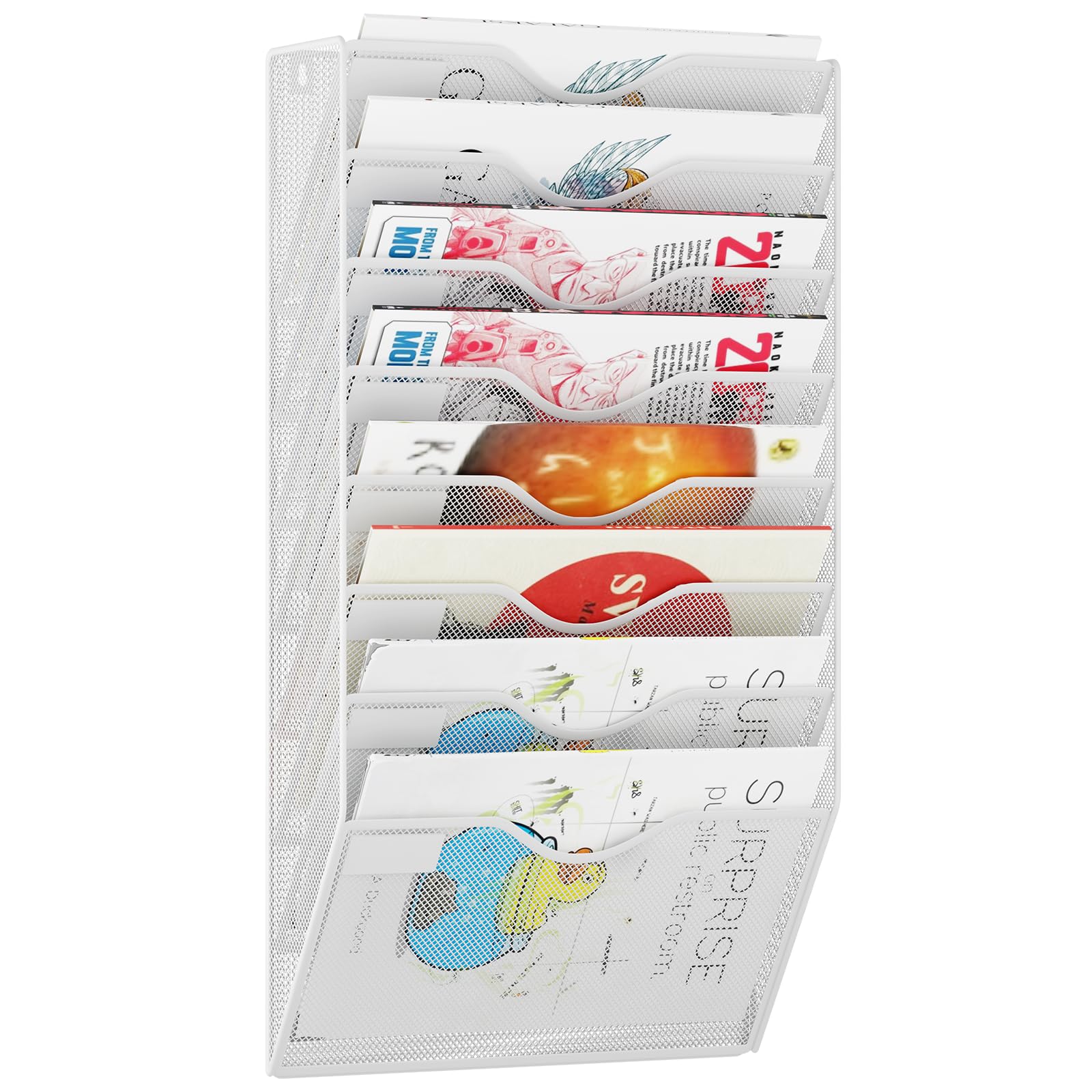 8 Pockets Mesh Hanging Wall File Holder Organizer Wall Mounted Paper Magazine Rack, White