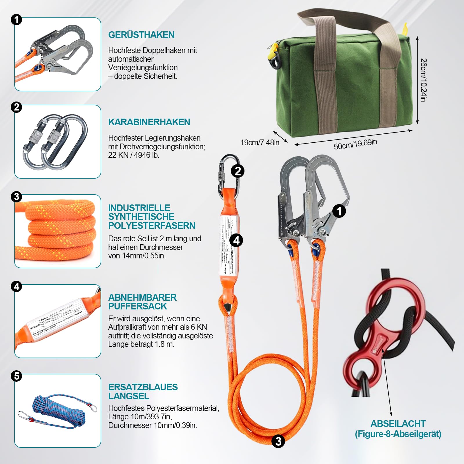 Auffanggurt Absturzsicherung Set mit Falldämpfer, Sicherheitsgürtel-Kit mit 2M Lanyards, Taille und Schulterschutz Bauprojekte Dachbetrieb in hoher Höhe, Feuerrettung Sicherheitsseil, CE-Zertifiziert