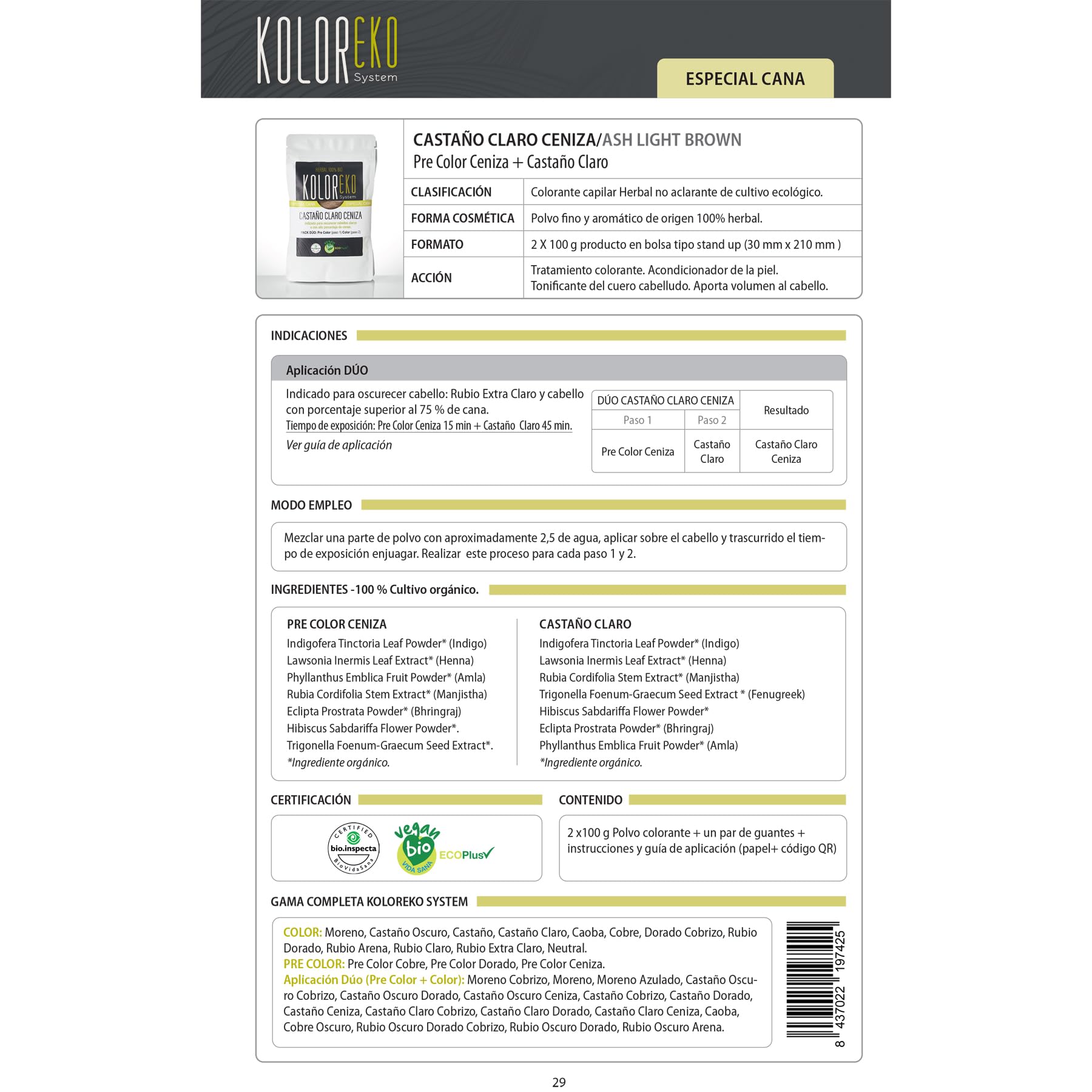 KOLOREKO Tinte natural CASTAÑO CLARO CENIZA - Pack DÚO especial canas - precolor CENIZA + tinte CASTAÑO CLARO