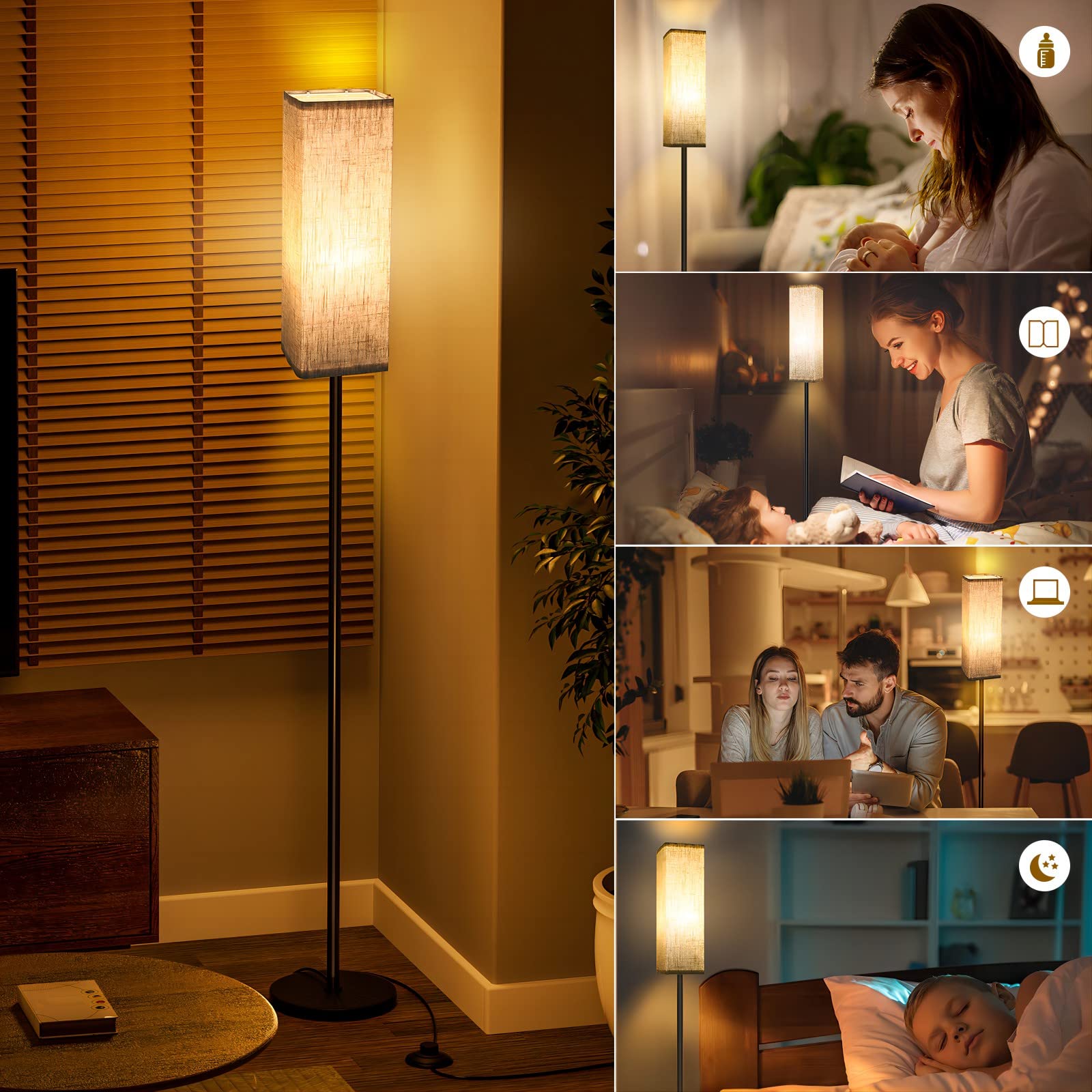 Lámpara de Pie para Dormitorio, Sala de Estar, Oficina, Lámparas Modernas con Mando a Distancia & Control, Lámpara de 2700k-6500k con Pantalla de Lino, Modo de luz Nocturna