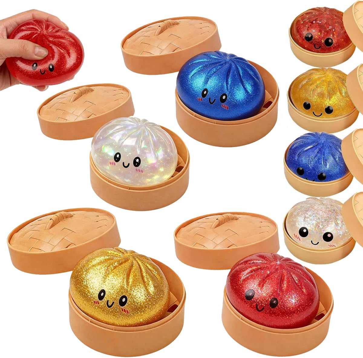 4Pcs Mini Dumpling Squishies Toys Mini Glitter Dumpling Squishy Toy for Kids Steamer Basket Design Colorful Dumplings Stress Balls Soft Squeeze Fidget Sensory Toy Party Favors Gifts (Colorful 4Pcs)