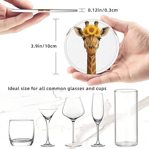 Miniatura 8 de Drink Coasters Set of 6, Sunflowers and Giraffe Printed PU Leather Round Coaster with Holder for Outdoor, Office, Bar, Funny Heat-Resistant Home