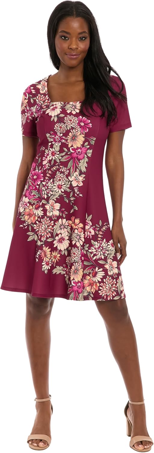London Times Women's Square Neck Fit and Flare Knee Length Dress-Short Sleeve Princess Seam-Flattering Wedding Guest Attire